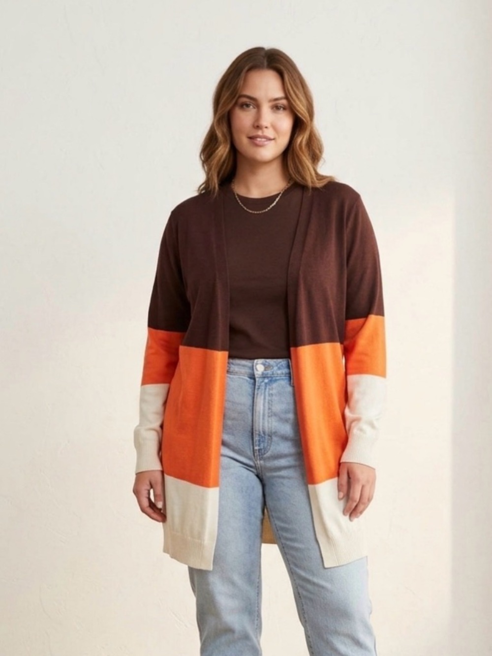 Color block open front Cardigan Cozy layering Cream Brown Orange Knit Sweater